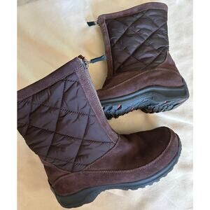 Lands End Womens Snow Boot Brown Zip up Quilted Suede Fleece Lined Outdoor Chore